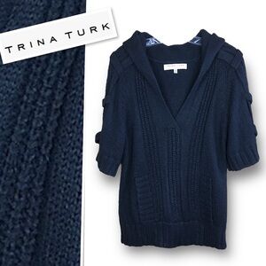 Trina Turk Alpaca Blend Cable Knit Short Sleeve Hoodie Sweater In  Black Size M